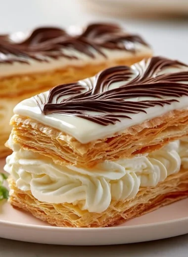 Creamy mille-feuille Napoleon pastry with layers of flaky dough and rich cream.