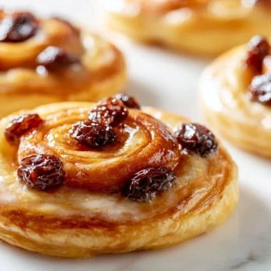 Delicious creamy Pain Aux Raisins with flaky pastry and sweet raisins