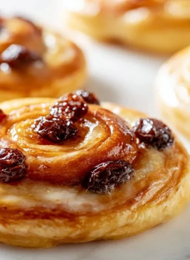Delicious creamy Pain Aux Raisins with flaky pastry and sweet raisins