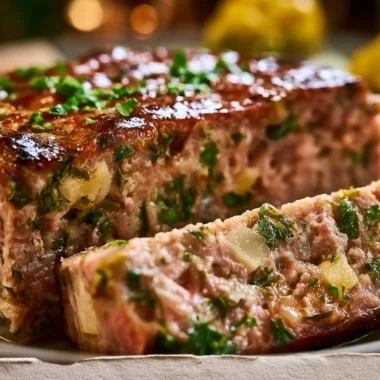 Creamy pork country terrine served on a wooden board with herbs.