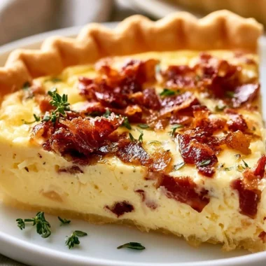 Delicious Creamy Quiche Lorraine garnished with lardons and herbs