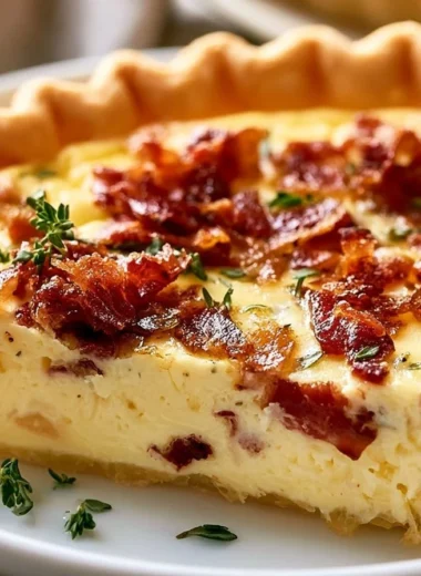 Delicious Creamy Quiche Lorraine garnished with lardons and herbs