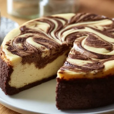 Creamy Russian swirl cheesecake with cocoa crust on a white plate