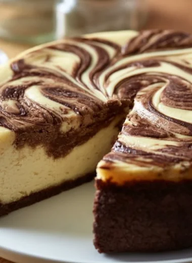 Creamy Russian swirl cheesecake with cocoa crust on a white plate