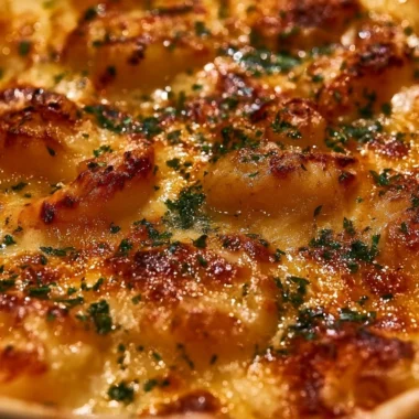 Delicious creamy seafood gratin bake topped with golden breadcrumbs