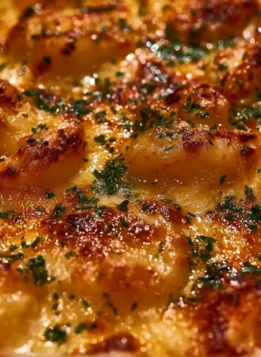 Delicious creamy seafood gratin bake topped with golden breadcrumbs