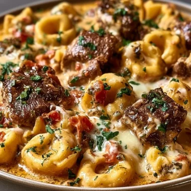 Creamy Tuscan spinach tortellini with steak bites in a rich sauce