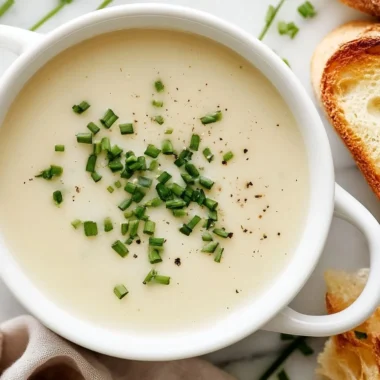 Creamy Vichyssoise soup made with leeks and potatoes, served in a bowl.