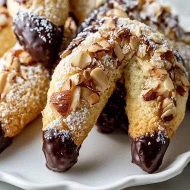 Delicious crispy almond crescent cookies arranged on a plate.