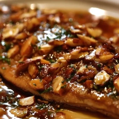 Crispy almond trout garnished with herbs and served with a flavorful pan sauce.