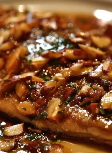 Crispy almond trout garnished with herbs and served with a flavorful pan sauce.