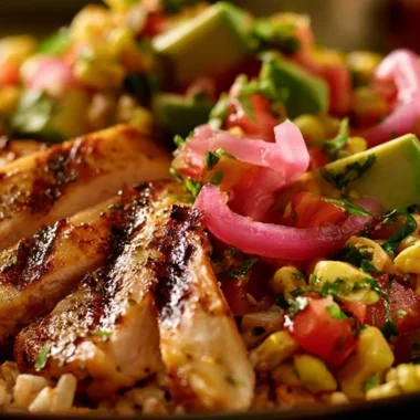 Crispy chicken fajita rice bowl with colorful vegetables and seasonings
