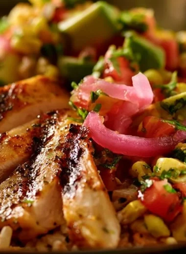 Crispy chicken fajita rice bowl with colorful vegetables and seasonings