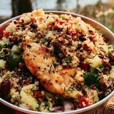 Crispy chicken quinoa salad topped with fresh greens and vibrant veggies