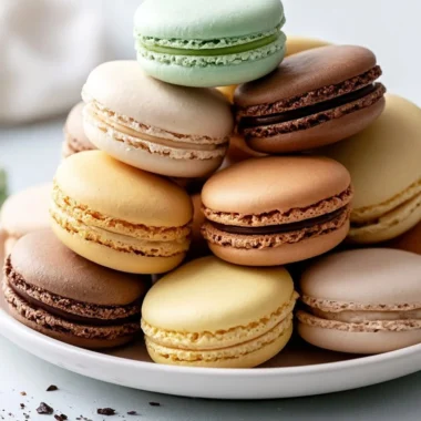 A plate of crispy French macarons in various pastel colors.