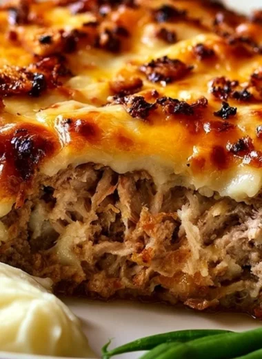 Crispy Garlic Parmesan Meatloaf served on a plate with herbs and sides.