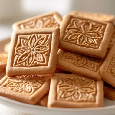 Crispy German Spekulatius spice cookies on a rustic plate