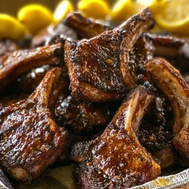 Crispy honey garlic lamb chops plated with herbs and garlic sauce