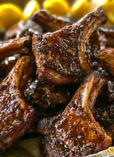 Crispy honey garlic lamb chops plated with herbs and garlic sauce