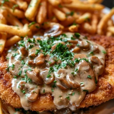 Crispy Jägerschnitzel served with flavorful mushroom sauce on a plate