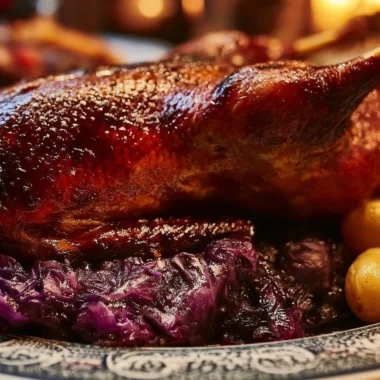 Delicious crispy Martinsgans roast dinner served with sides