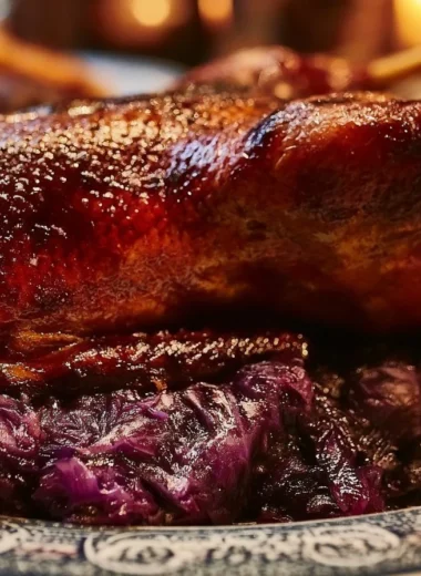 Delicious crispy Martinsgans roast dinner served with sides
