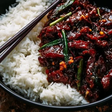 Crispy Mongolian Beef dish served with vegetables and rice