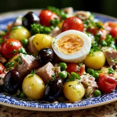 Crispy Niçoise salad with tuna, vegetables, and olives served in a bowl.
