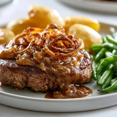Crispy Onion Beef Roast garnished and ready to serve on a platter.
