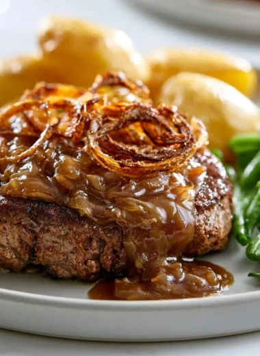 Crispy Onion Beef Roast garnished and ready to serve on a platter.