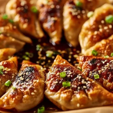 Crispy potstickers served with soy sauce for dipping