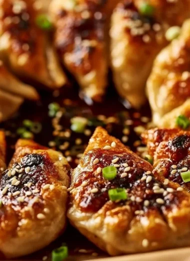 Crispy potstickers served with soy sauce for dipping