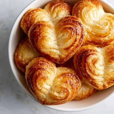 Crispy puff pastry palmiers arranged on a plate for serving.