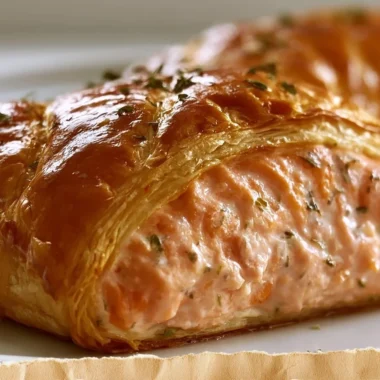 Crispy salmon wrapped in golden puff pastry, garnished for elegance.
