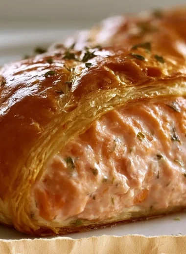 Crispy salmon wrapped in golden puff pastry, garnished for elegance.