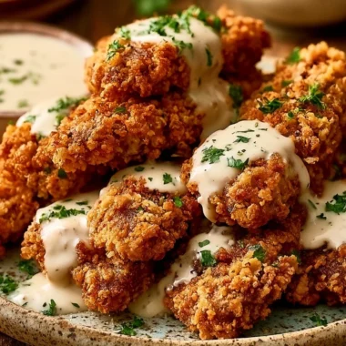 Crispy steak fingers served with rich gravy on a plate.