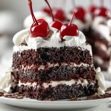 Decadent Black Forest Cake topped with cherries and chocolate shavings