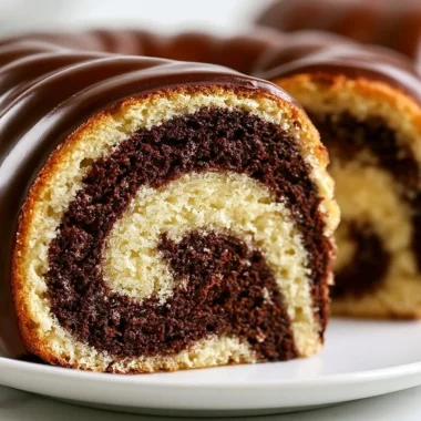 Decadent German Marble Cake topped with rich chocolate glaze