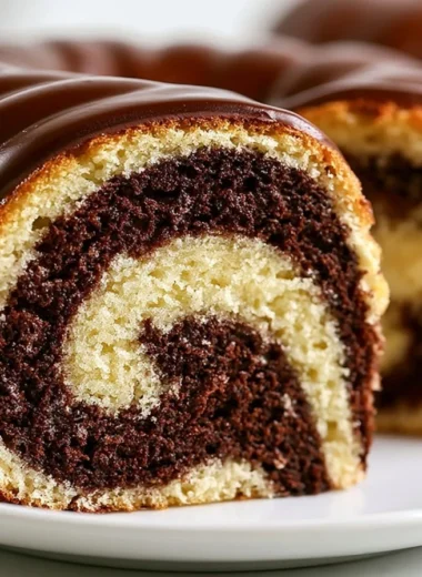 Decadent German Marble Cake topped with rich chocolate glaze