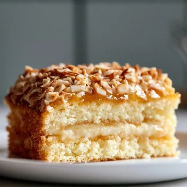 Slice of German Bee Sting Cake (Bienenstich Kuchen) garnished with almonds.
