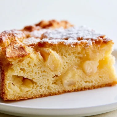 A slice of golden French apple cake topped with fresh apples and caramel drizzle.