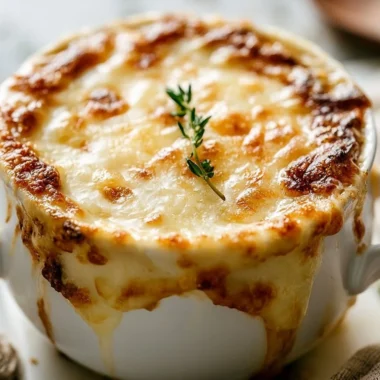 Bowl of Golden French Onion Soup with melted cheese and crusty bread on top