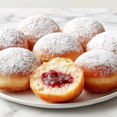 Golden jam-filled Berliner doughnuts with powdered sugar topping