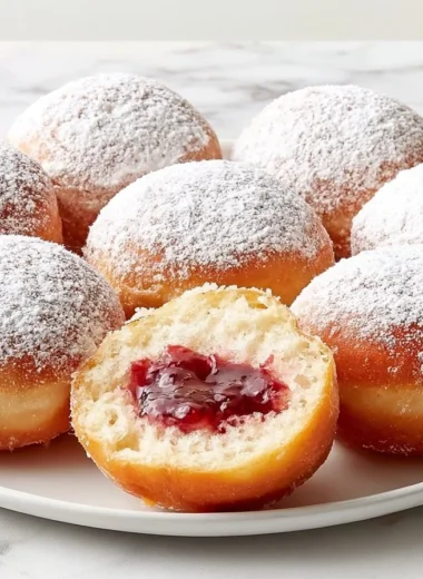 Golden jam-filled Berliner doughnuts with powdered sugar topping