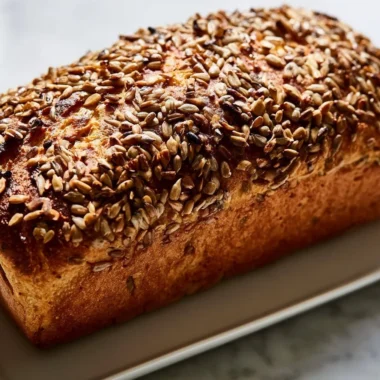 Golden Sunflower Seed Bread loaf with seeds on top, fresh from the oven.