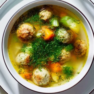 A bowl of Hochzeitssuppe garnished with herbs and vegetables