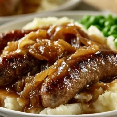Juicy bratwurst with onion sauce and mashed potatoes on a plate
