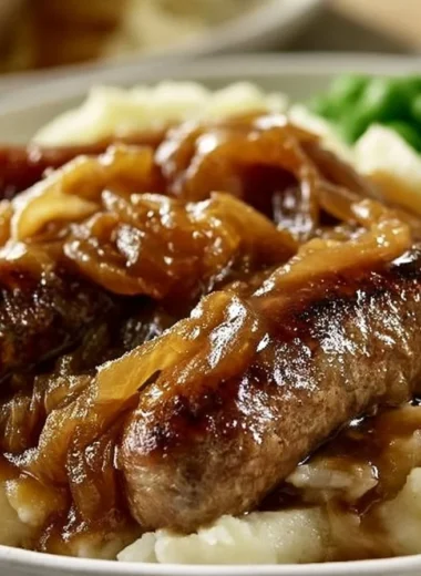 Juicy bratwurst with onion sauce and mashed potatoes on a plate