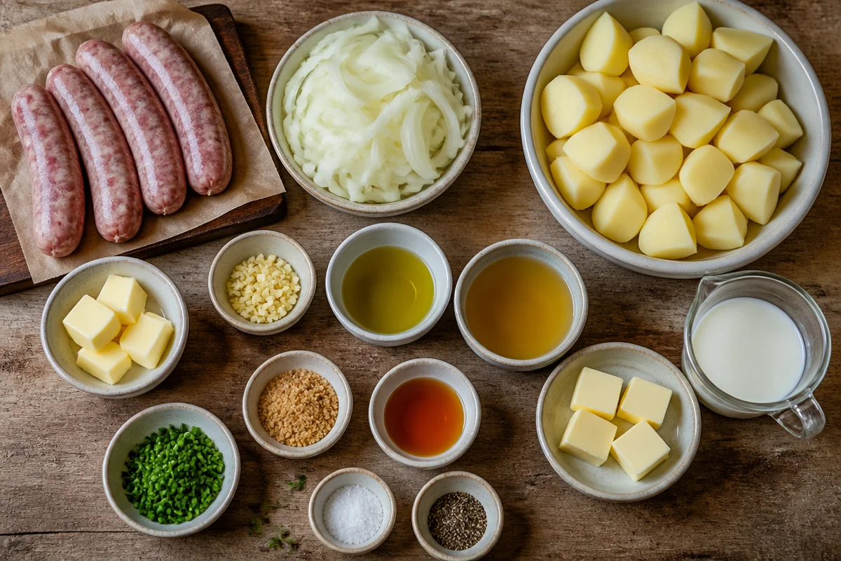 Juicy Bratwurst With Onion Sauce And Mashed Potatoes
