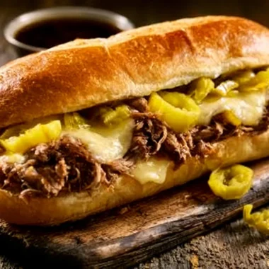 Juicy Italian Beef Sandwich with toppings on a wooden board